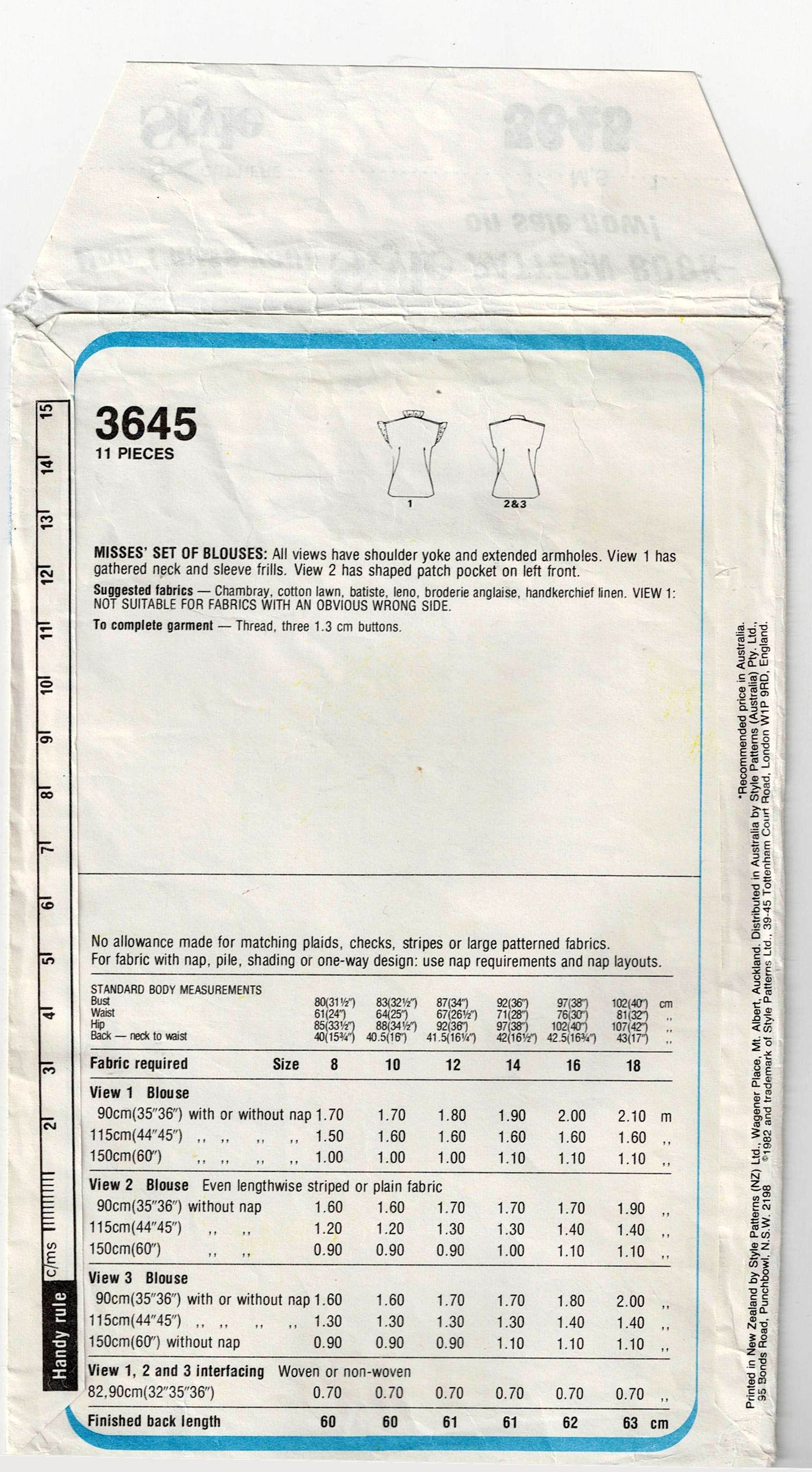 Style 3645 Womens Cap Sleeved Summer Blouses 1980s Vintage Sewing Pattern Size 18 Bust 40 inches