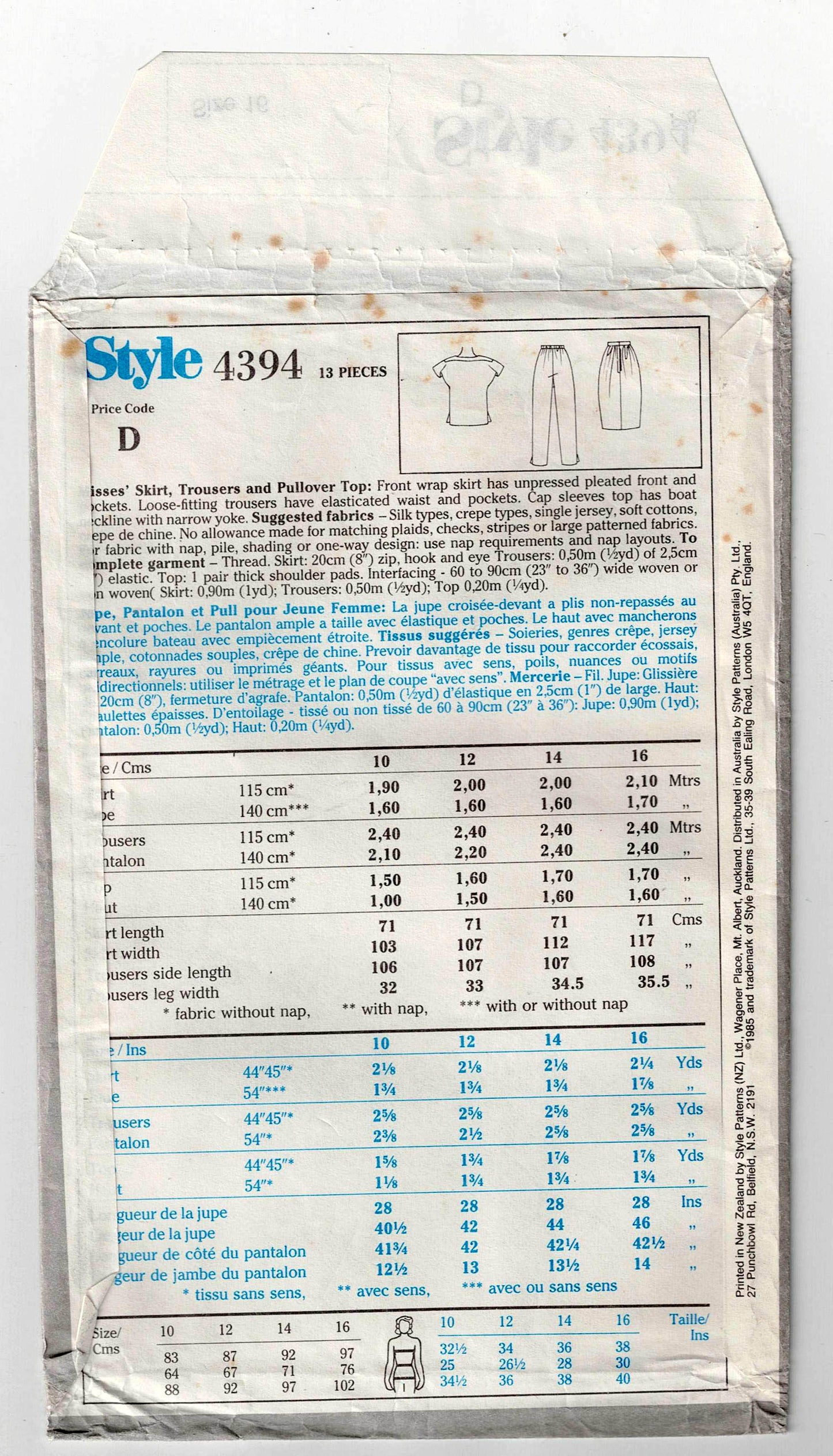 Style 4394 Womens BRUCE OLDFIELD Short Sleeved Top Pleated Wrap Skirt & Pants 1980s Vintage Sewing Pattern 16 UNCUT Factory Folded