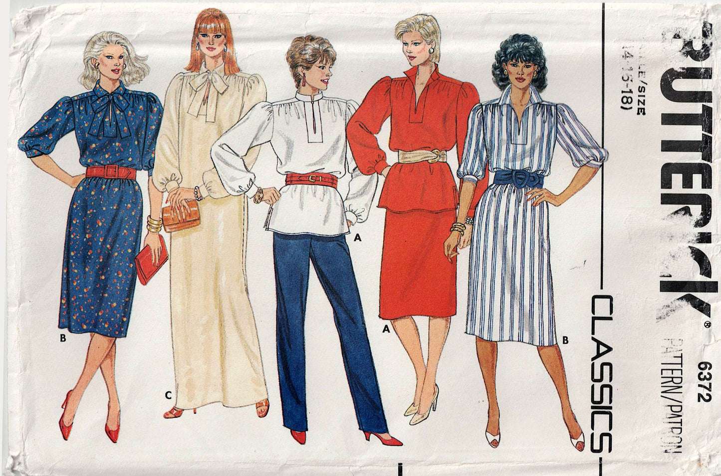 Butterick 6372 Womens Puff Sleeved Dress Top & Skirt 1980s Vintage Sewing Pattern Size 14 - 18 UNCUT Factory Folded