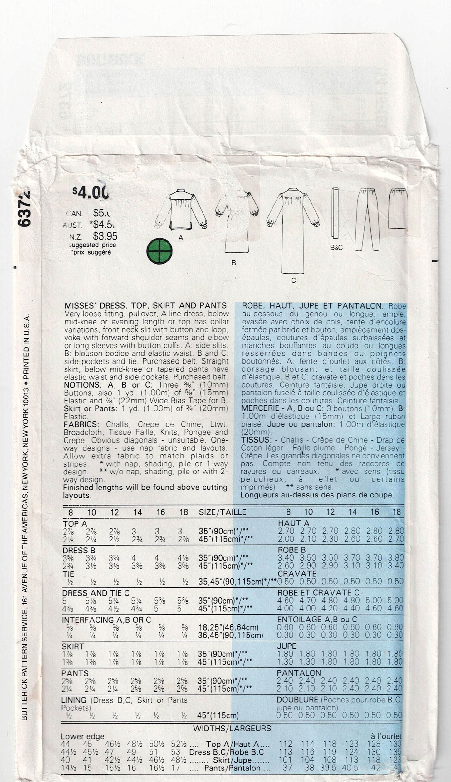 Butterick 6372 Womens Puff Sleeved Dress Top & Skirt 1980s Vintage Sewing Pattern Size 14 - 18 UNCUT Factory Folded