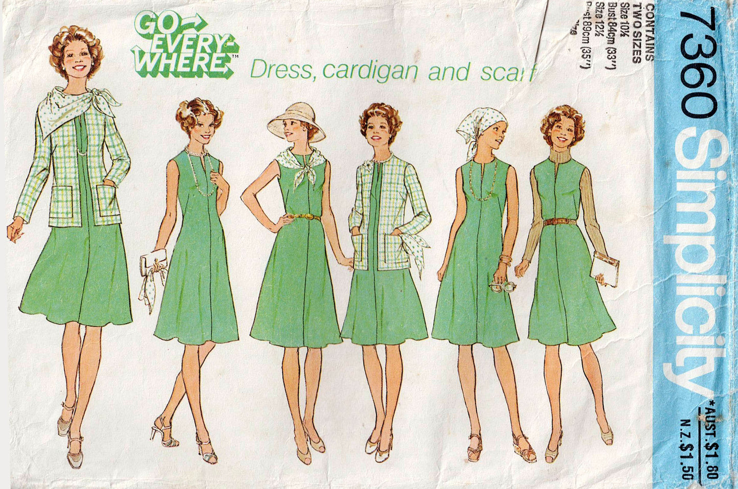 Simplicity 7360 Womens Half Size Dress Cardigan & Scarf 1970s Vintage Sewing Pattern Bust 33 & 35 inches