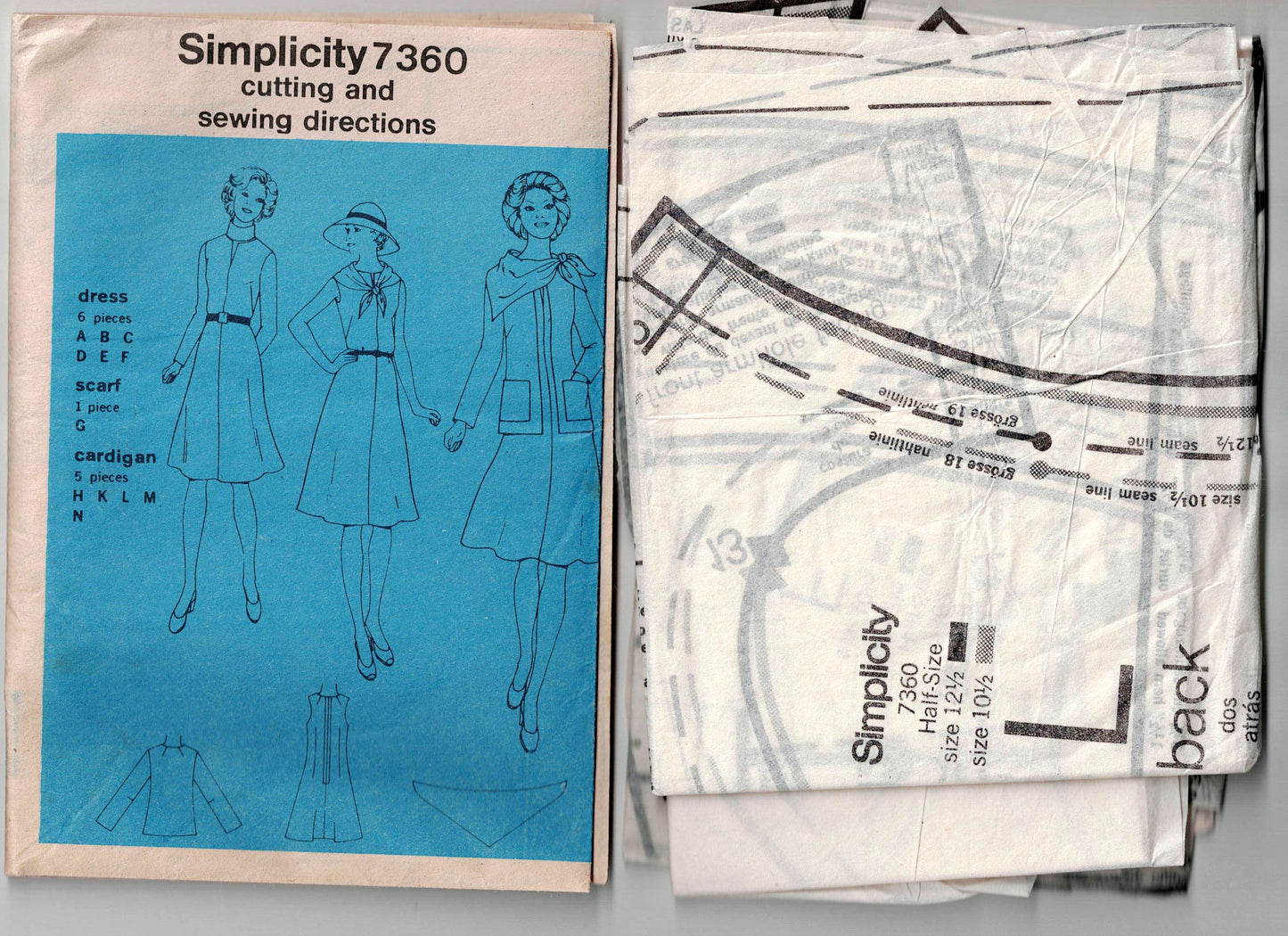 Simplicity 7360 Womens Half Size Dress Cardigan & Scarf 1970s Vintage Sewing Pattern Bust 33 & 35 inches