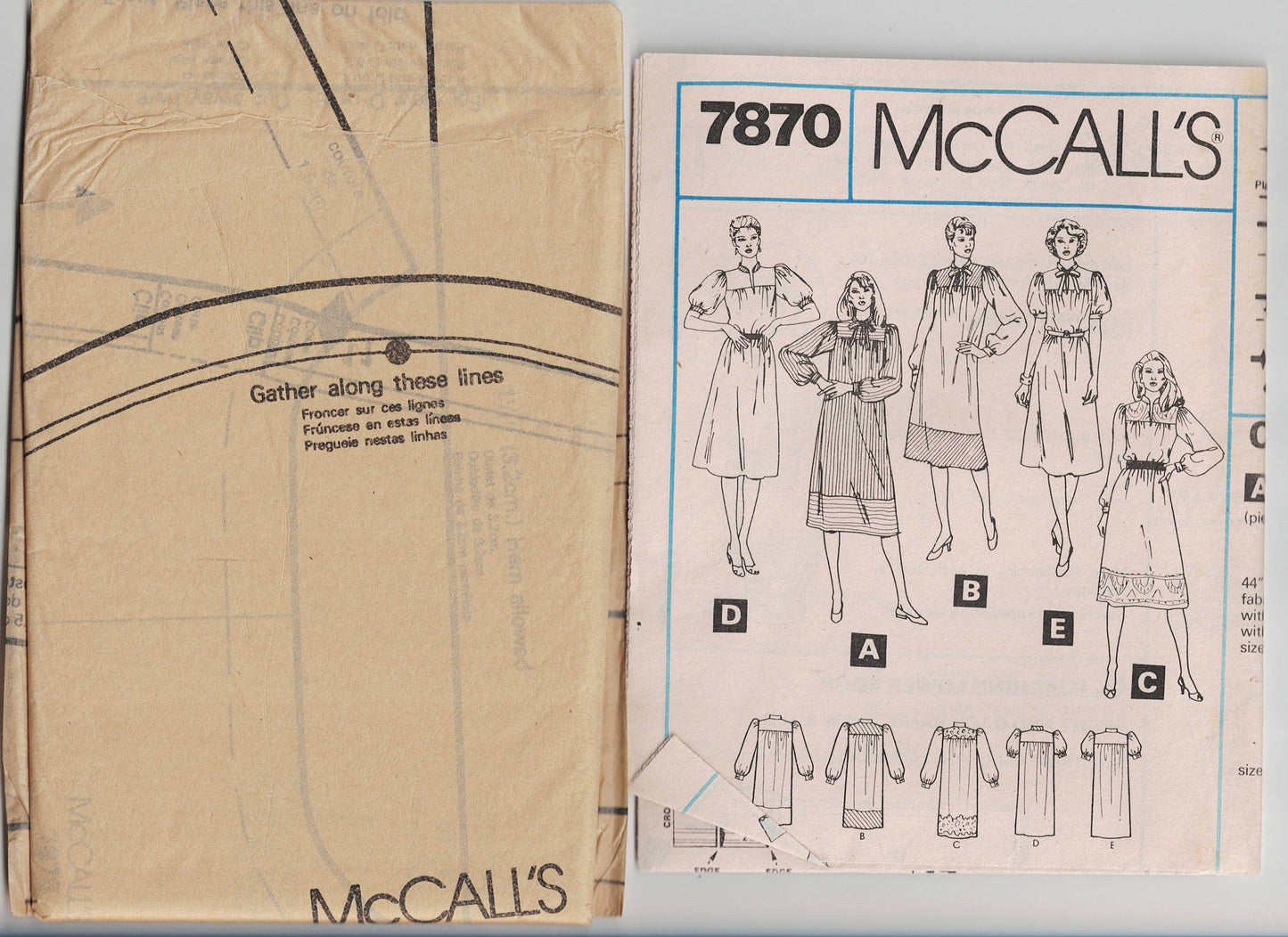 McCall's 7870 Womens Puff Sleeved Yoked Dresses 1980s Vintage Sewing Pattern Size 18 Bust 40 inches UNCUT Factory Folded