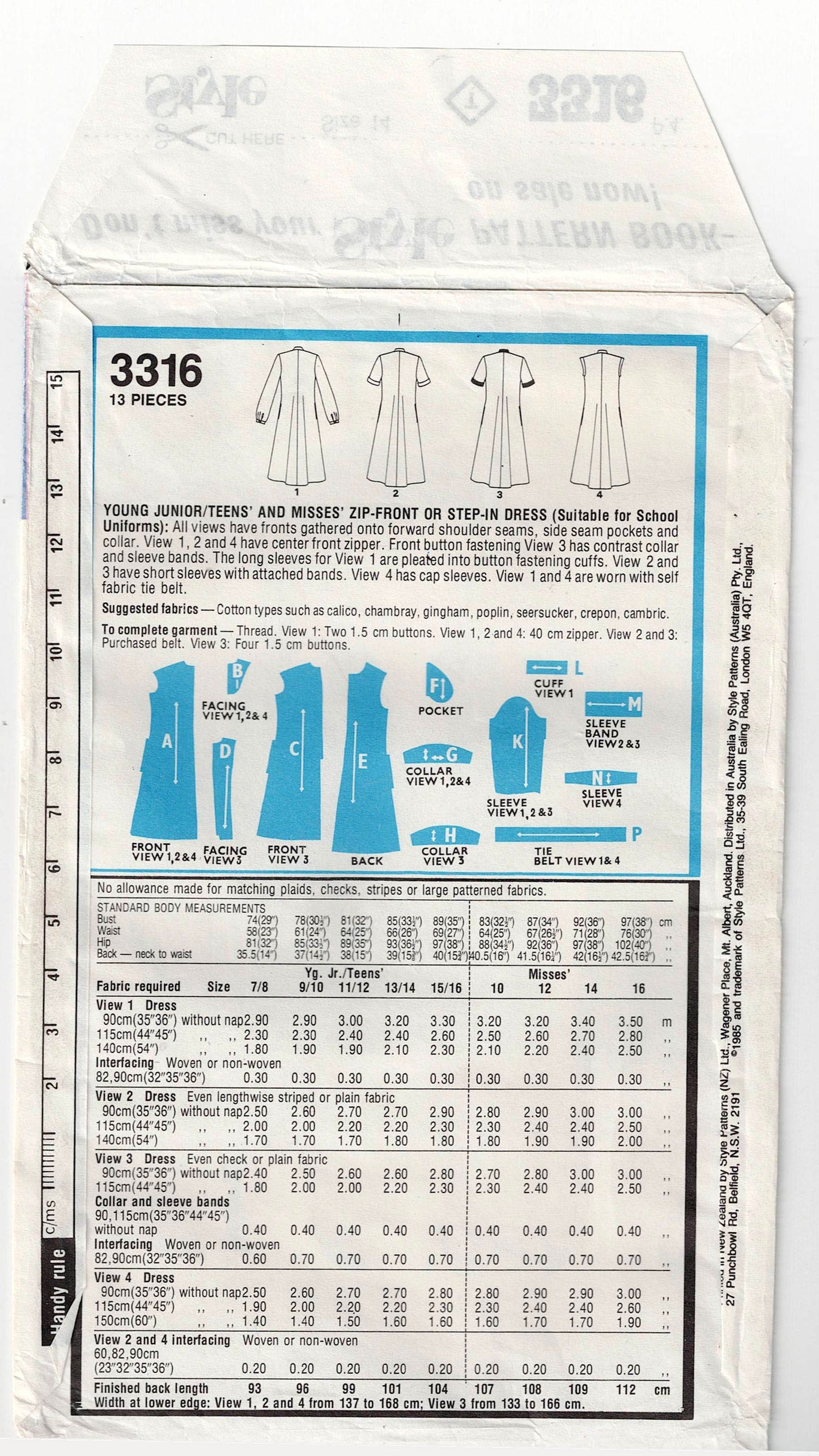 Style 3316 Womens Zip or Button Front Shirtdress 1980s Vintage Sewing Pattern Size 14 Bust 36 inches UNCUT Factory Folded