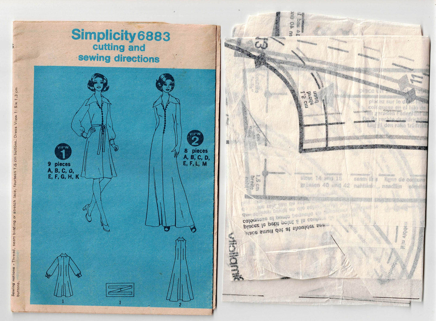 Simplicity 6883 Womens Shirtdress or Maxi Dress with Very Wide Collar 1970s Vintage Sewing Pattern Size 14 & 16