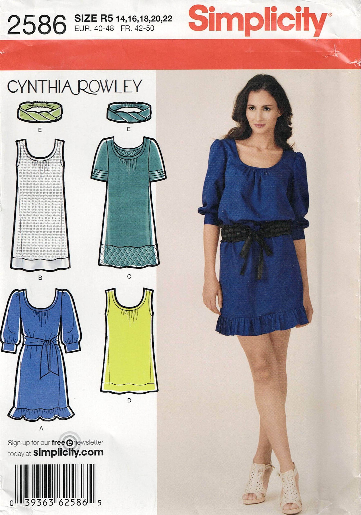 Patrón de costura Simplicity 2586 CYNTHIA ROWLEY para mujer, vestido tipo túnica, cinturón y diadema, agotado, talla 6-14 o 14-22, sin cortar, doblado de fábrica