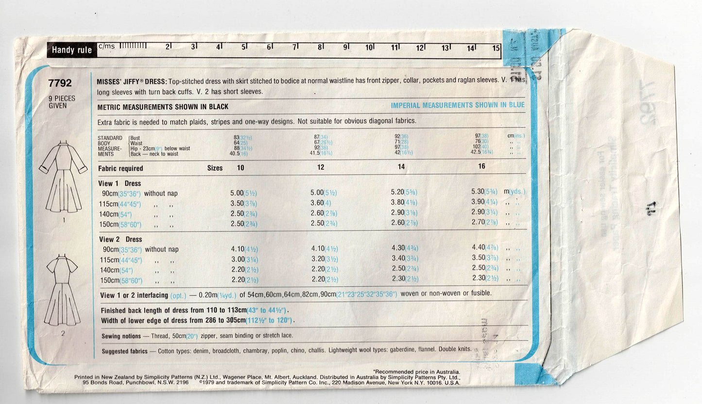 Simplicity 7792 Womens JIFFY Zip Front Raglan Sleeved Dress 1970s Vintage Sewing Pattern Size 14 Bust 36 Inches