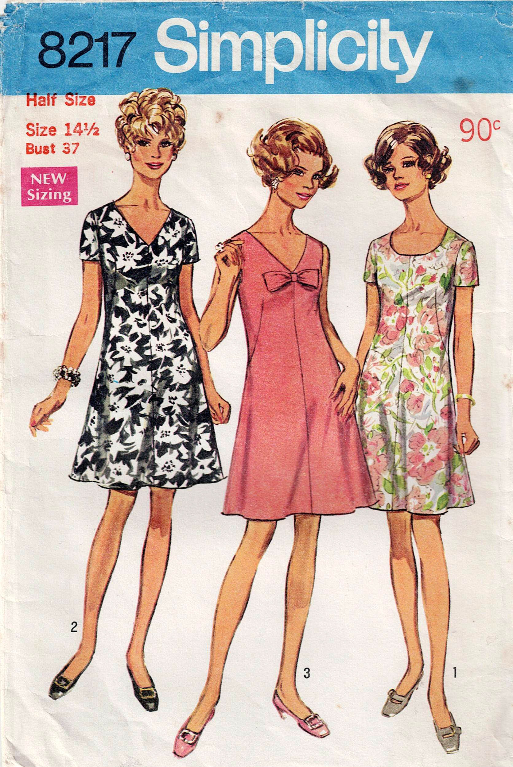 Simplicity 8217 Womens Half Size A Line Dresses 1960s Vintage Paper Se ...