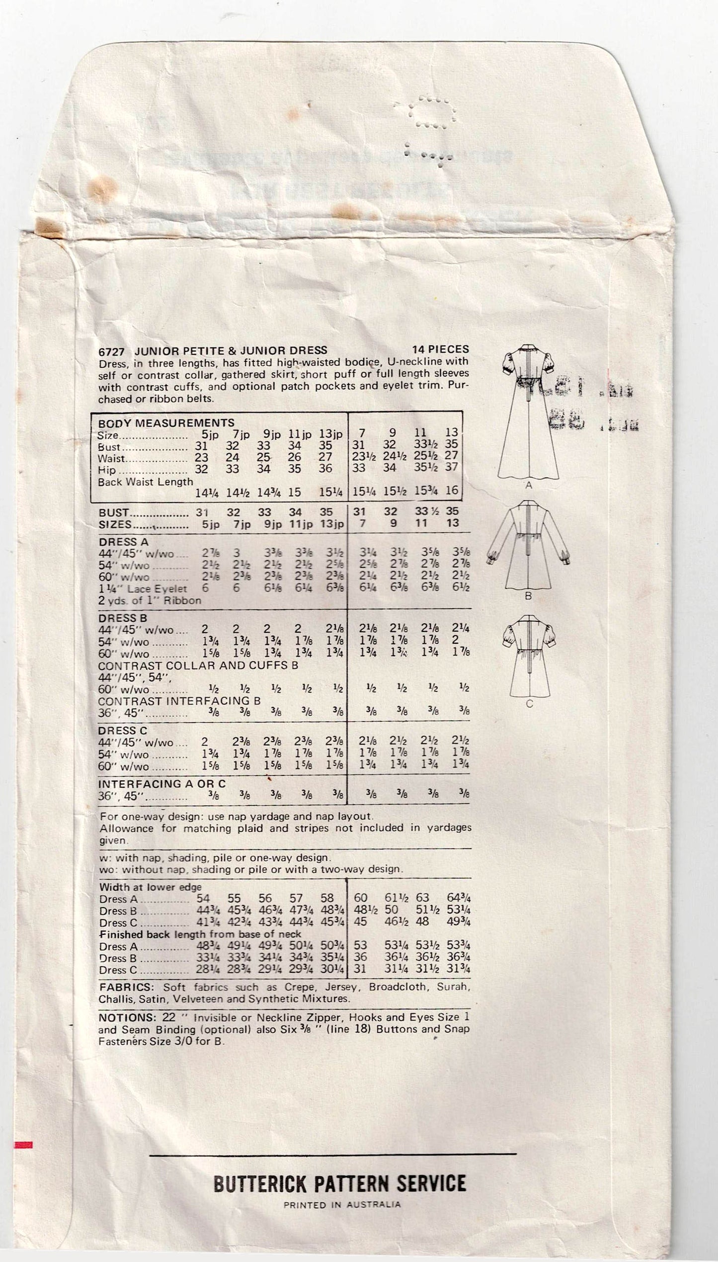 Patrón de costura vintage de los años 70 para vestido de cintura alta y mangas abullonadas Butterick 6727 Junior Petite, busto de 35 pulgadas