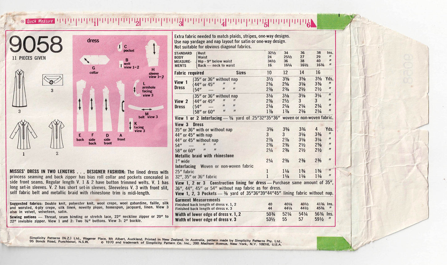 Simplicity 9058 Designer Womens Lined Princess Seamed Dress with Roll Collar 1970s Vintage Sewing Pattern Size 16 Bust 38 inches