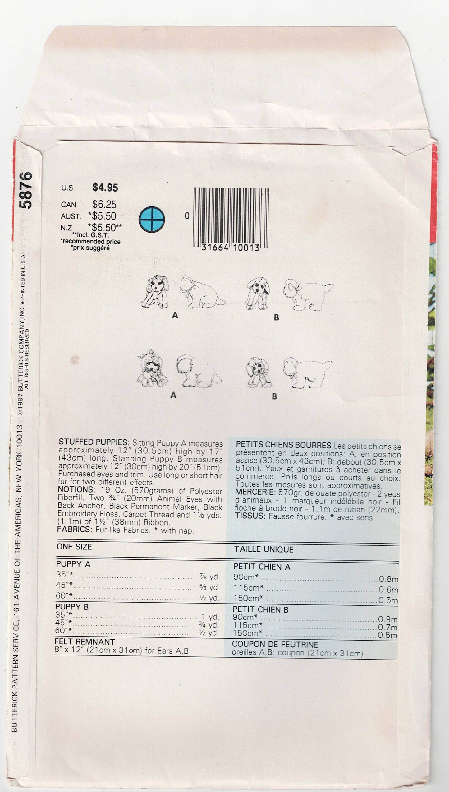 Patrón de costura vintage de los años 80 sin cortar, doblado de fábrica, Butterick 5876 RACHEL WALLIS, juguetes para cachorros de peluche