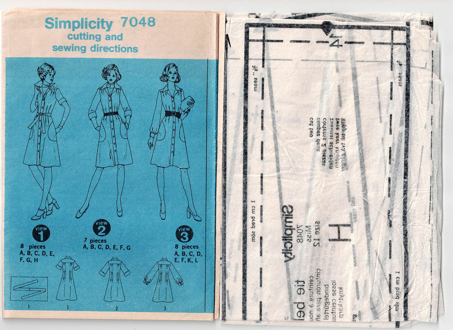 Simplicity 7048 Womens Tucked Shirtdress with Pockets 1970s Vintage Sewing Pattern Size 12 Bust 34 Inches