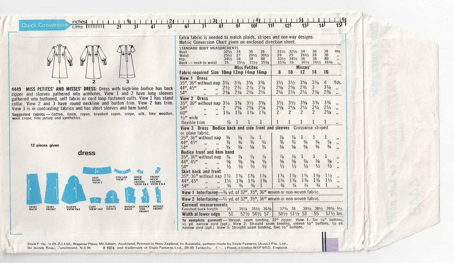 Style 4449 Misses Petite Empire Waist Dress 1970s Vintage Sewing Pattern Size 12 MP Bust 34 inches