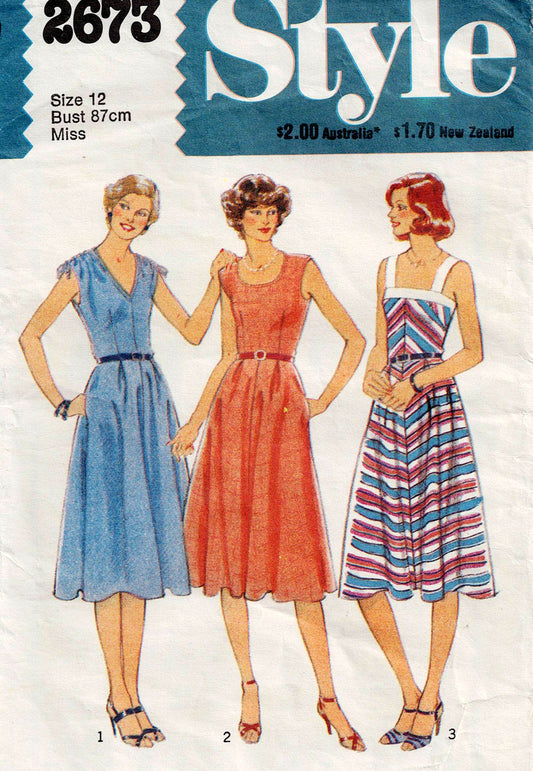 Patrón de costura vintage de los años 80, estilo 2673, vestido de verano para mujer en 3 estilos, talla 12, busto 34 pulgadas