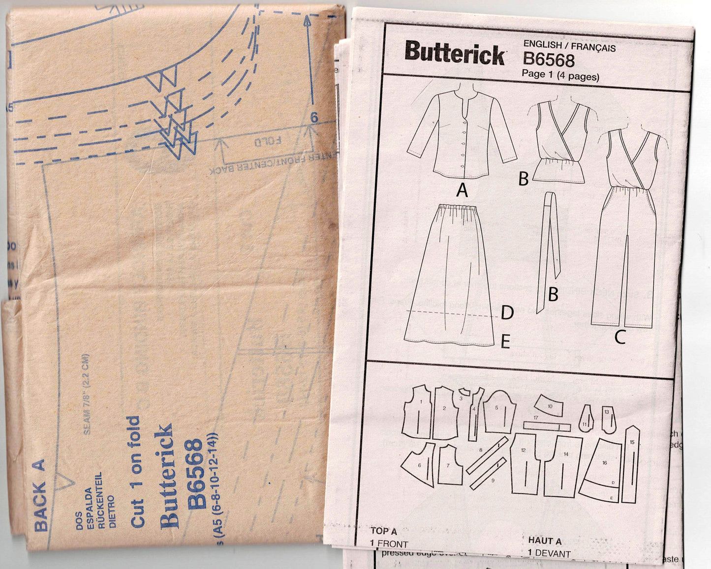 Butterick 6568 Womens LIFESTYLE WARDROBE Jumpsuit Top & Skirt Sewing Pattern Size 6 - 14 UNCUT Factory Folded