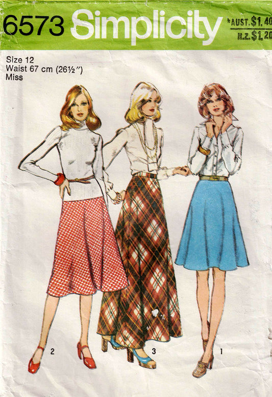 Patrón de costura vintage de los años 70 para faldas largas y midi acampanadas Simplicity 6573 para mujer, talla 16, cintura 30 pulgadas