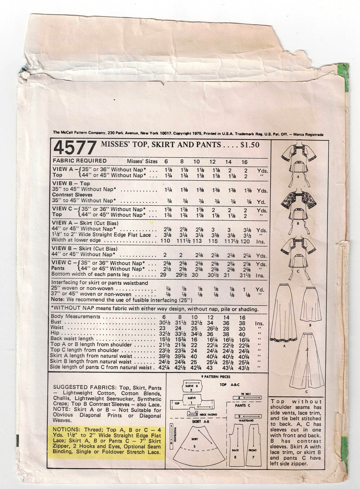 McCall's 4577 Womens Hippie Top Maxi Skirt & Wide Leg Palazzo Pants 1970s Vintage Sewing Pattern Sizes 10 Bust 32.5 Inches