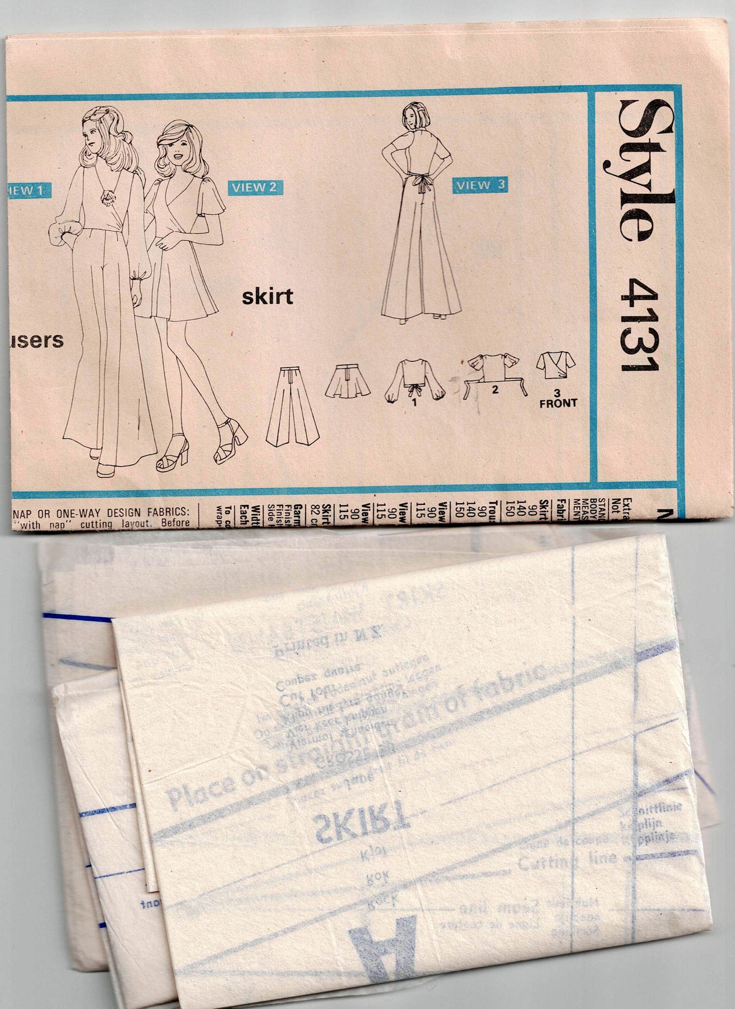 Style 4131 Womens Stretch Wrap Top Skirt & Very Wide Leg Palazzo Pants 1970s Vintage Sewing Pattern Size 12 Bust 34 Inches