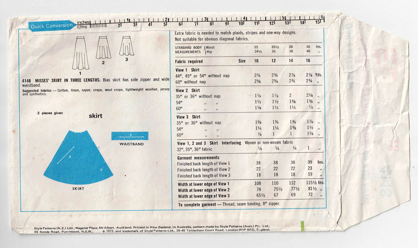 Style 4148 Womens Bias Cut Skirt in 3 Lengths 1970s Vintage Sewing Pattern Size 12