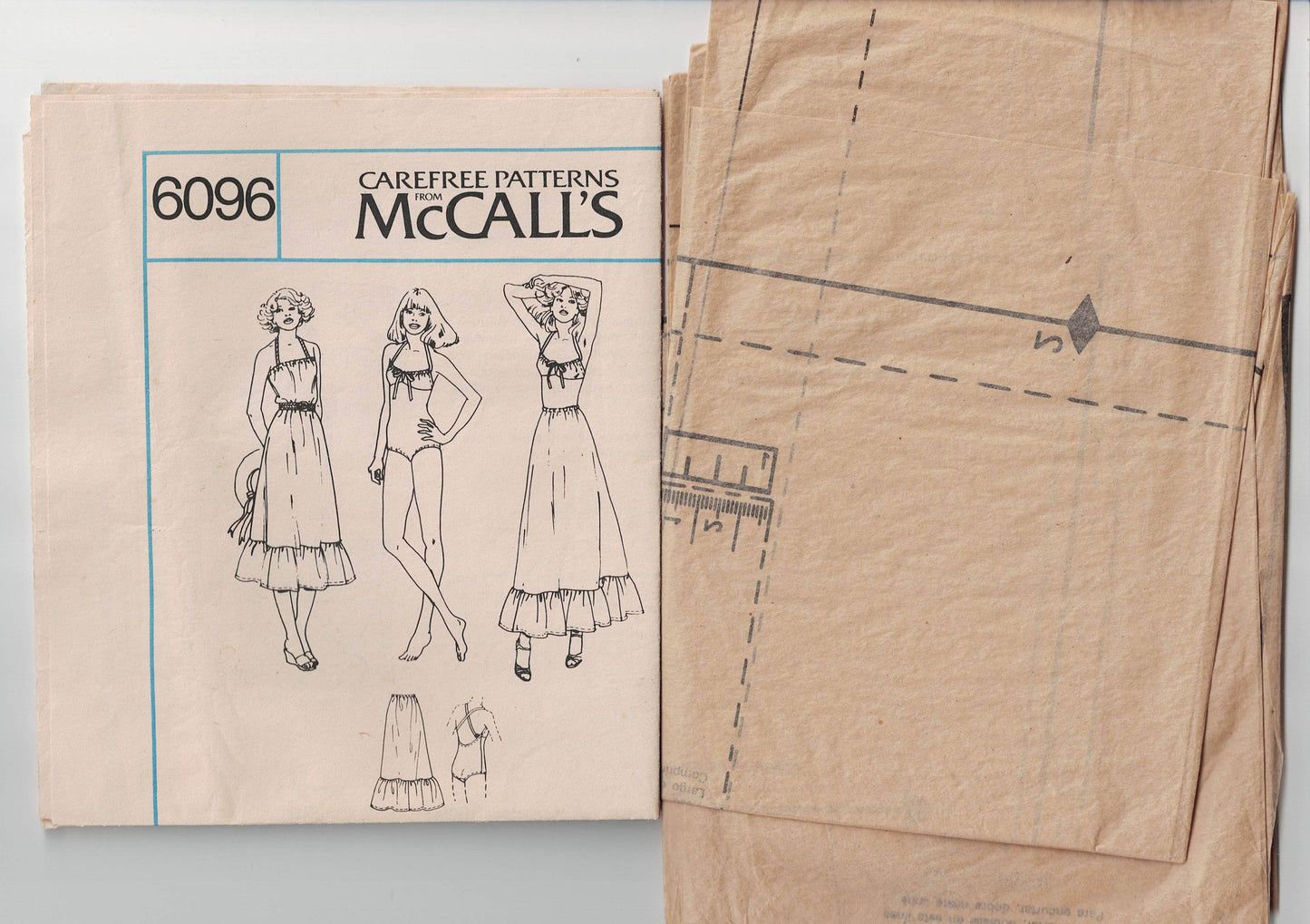 McCall's 6096 Womens Stretch Knit Swimsuit & Ruffled Maxi Dress or Skirt 1970s Vintage Sewing Pattern Size 12 Bust 34 inches