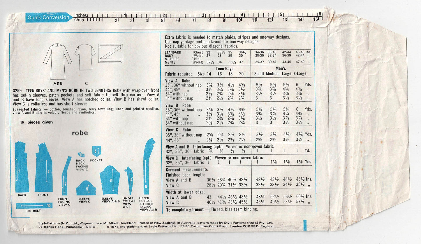 Style 3259 Mens Dressing Gown / Bath Robe in 2 Length 1970s Vintage Sewing Pattern Size 38 - 40