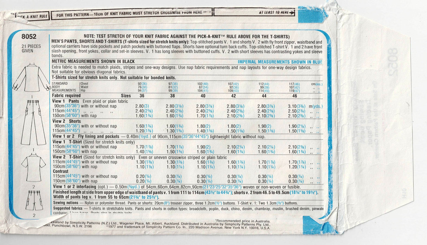 Simplicity 8052 Mens Retro Stretch Shirt Shorts & Pants 1970s Vintage Sewing Pattern Chest 40 inches UNCUT Factory Folded