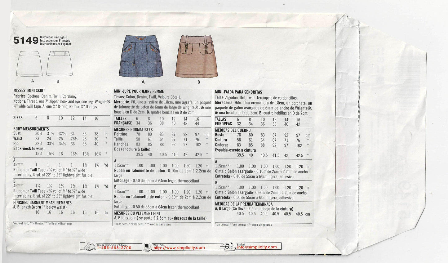 Simplicity 5149 Womens Mini Skirts Out Of Print Sewing Pattern Size 6 - 16 UNCUT Factory Folded