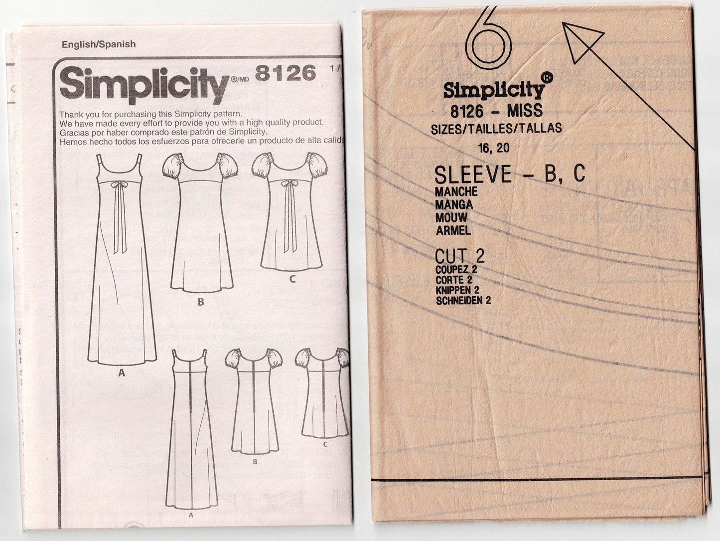 Simplicity 8126 Womens 1970s Reprint Empire Waisted Dress Out Of Print Sewing Pattern Size 14 - 22 UNCUT Factory Folded