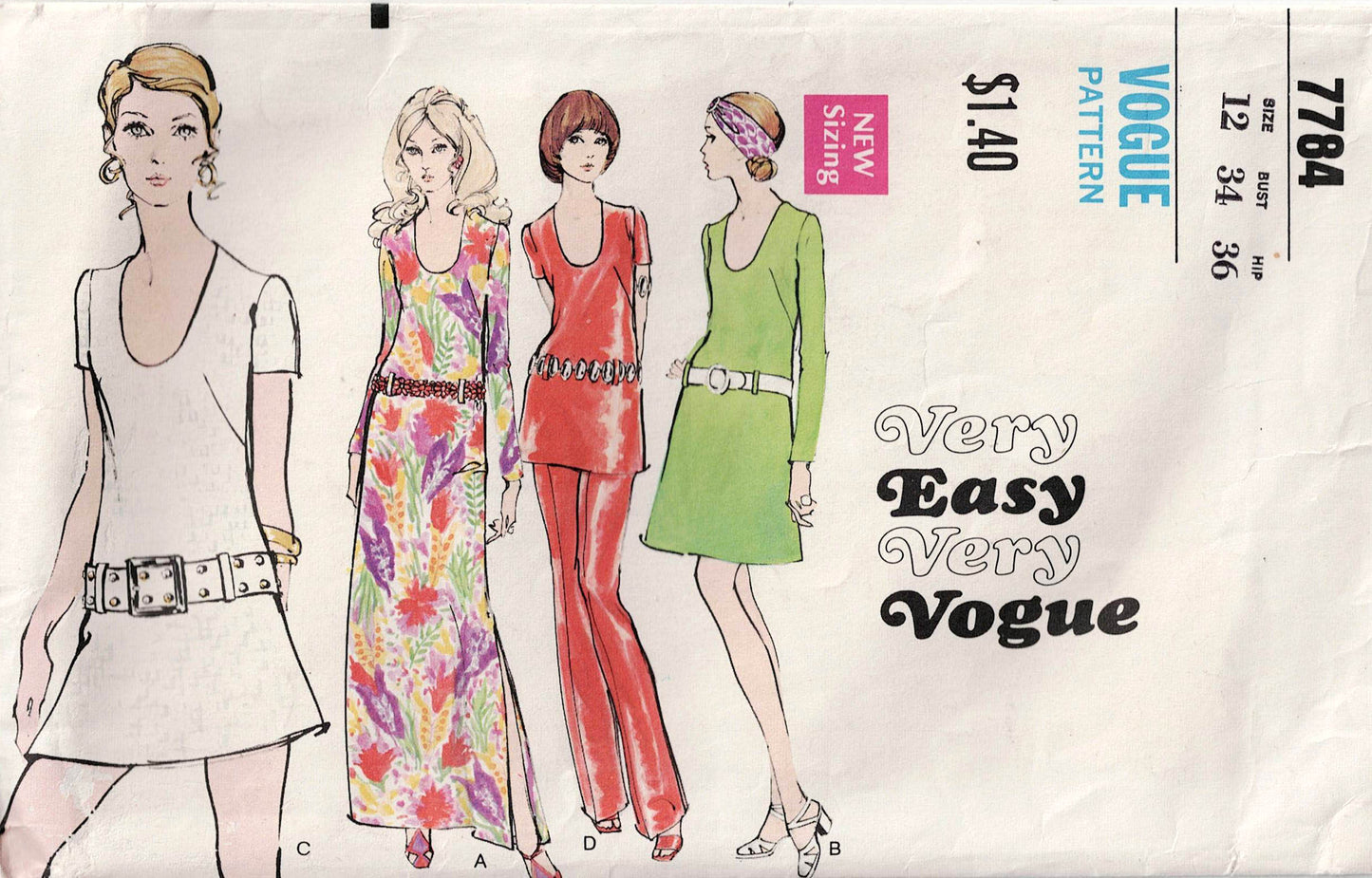 Very Easy Vogue 7784 Womens Scoop Neck Dress Tunic Maxi & Pants 1970s Vintage Sewing Pattern Size 12 Bust 34 Inches