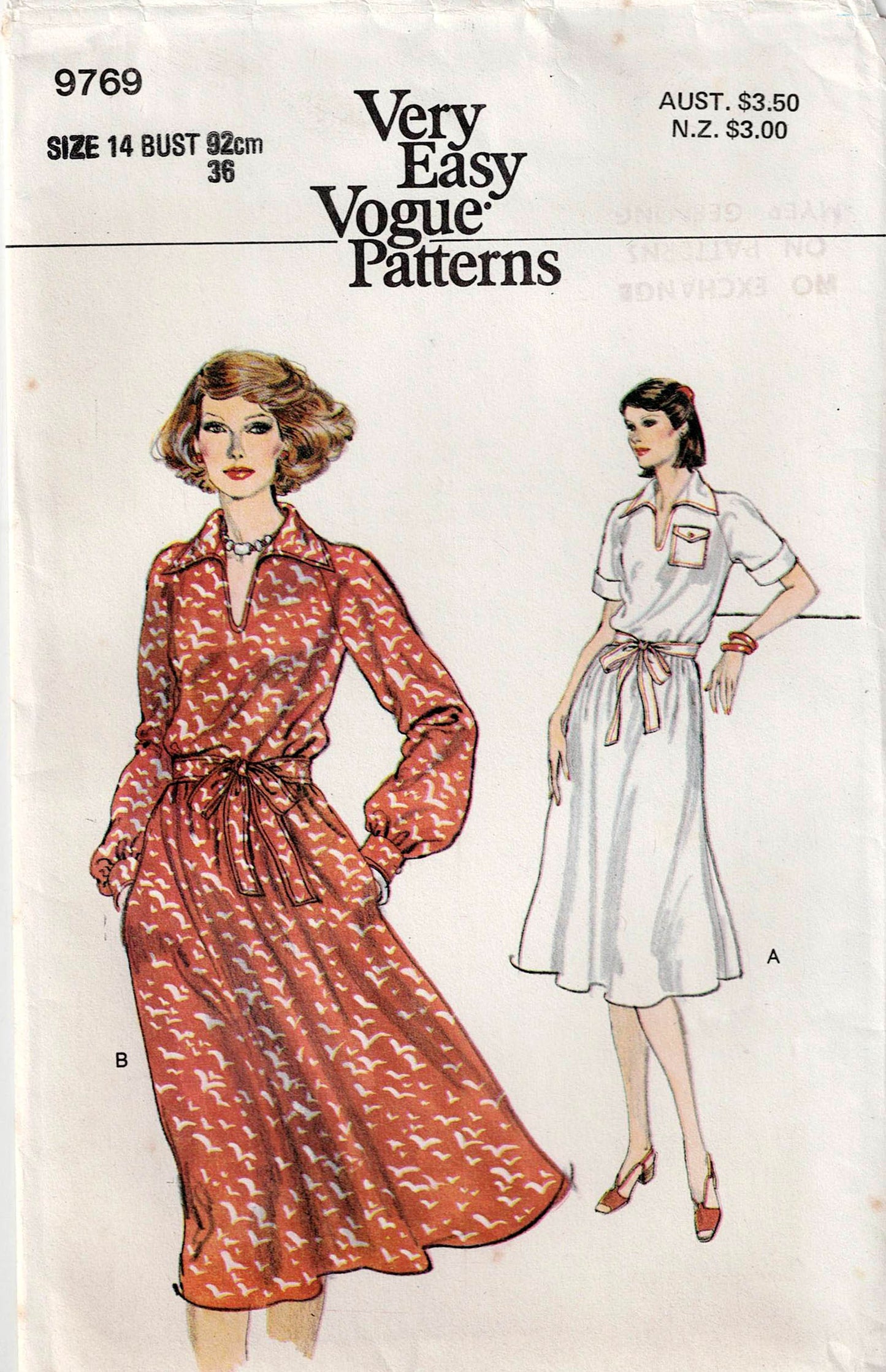 Very Easy Vogue 9769 Womens Easy Raglan Sleeved Dress 1970s Vintage Sewing Pattern Size 12 or 14