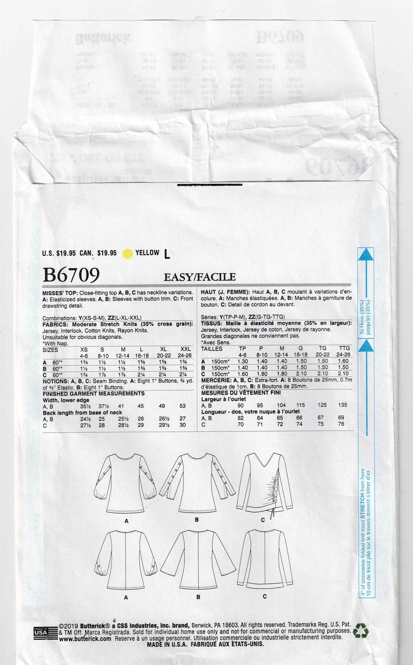 Butterick 6709 Womens Stretch Tops with Sleeve Variations Out Of Print Sewing Pattern Size 16 - 26 UNCUT Factory Folded