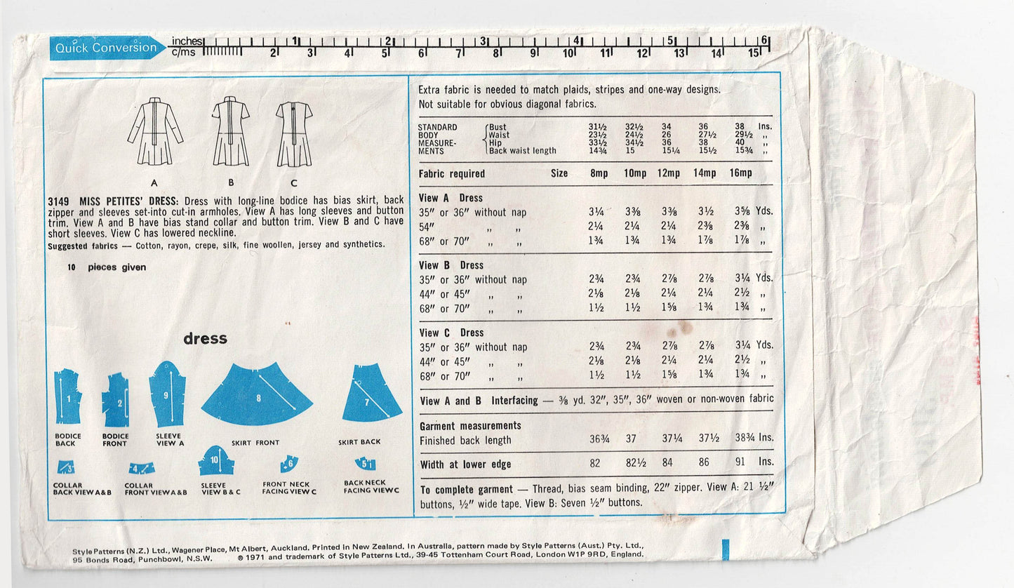 Style 3149 Misses Petite Dropped Waist Dress with Bias Cut Skirt 1970s Vintage Sewing Pattern Size 8MP Bust 31.5 inches