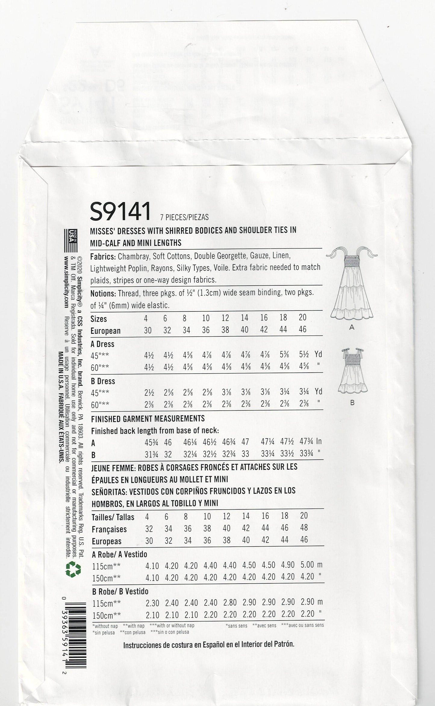 Simplicity 9141 CYNTHIA ROWLEY Womens Shirred Bodice Tiered Skirt Mini Dress or Sundress Out Of Print Sewing Pattern Size 4 - 12 UNCUT Factory Folded