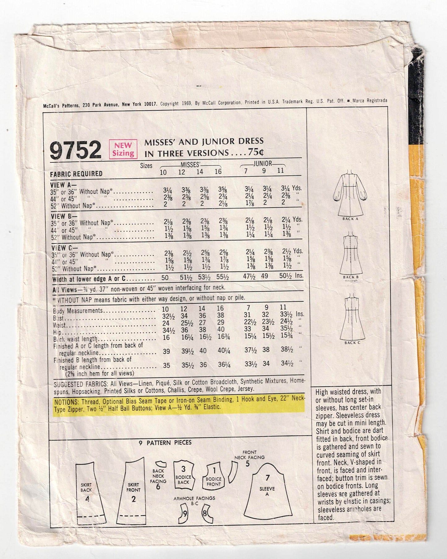 McCall's 9752 Womens High Waisted Shift Dress 1960s Vintage Sewing Pattern Size 14 Bust 36 inches