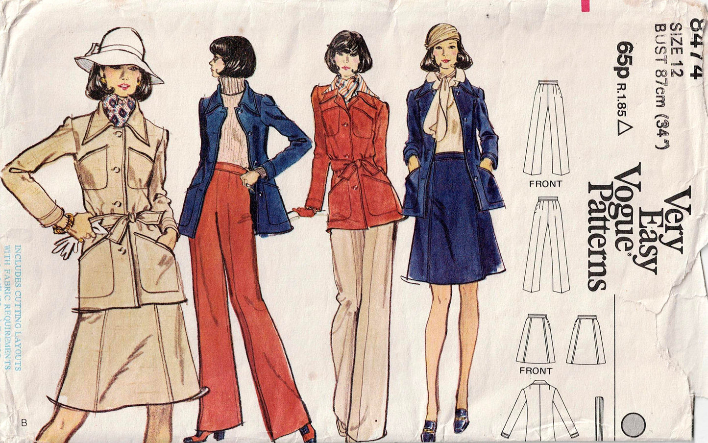 Very Easy Vogue 8474 Womens Wide Lapel Jacket Flared Pants & Skirt 1970s Vintage Sewing Pattern Size 10 or 12