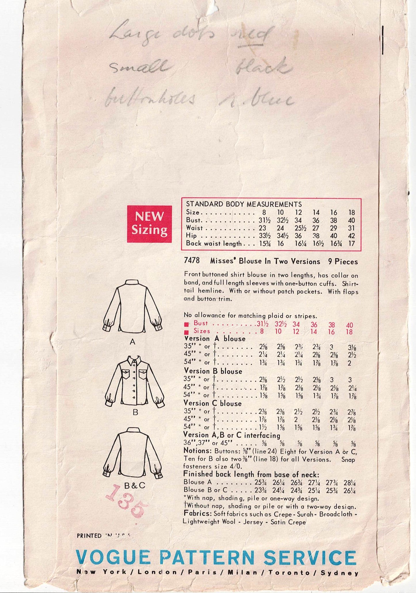 Vogue 7478 Womens Classic Button Down Shirt 1960s Vintage Sewing Pattern Size 14 Bust 36 inches