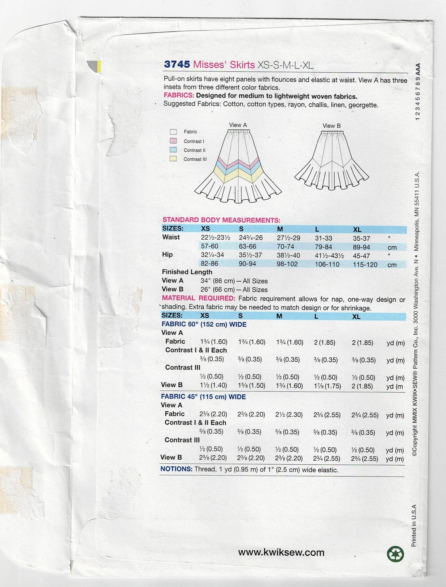 Kwik Sew 3745 Womens Panelled Color Block Skirts Out Of Print Sewing Pattern Size XS - XL UNCUT Factory Folded