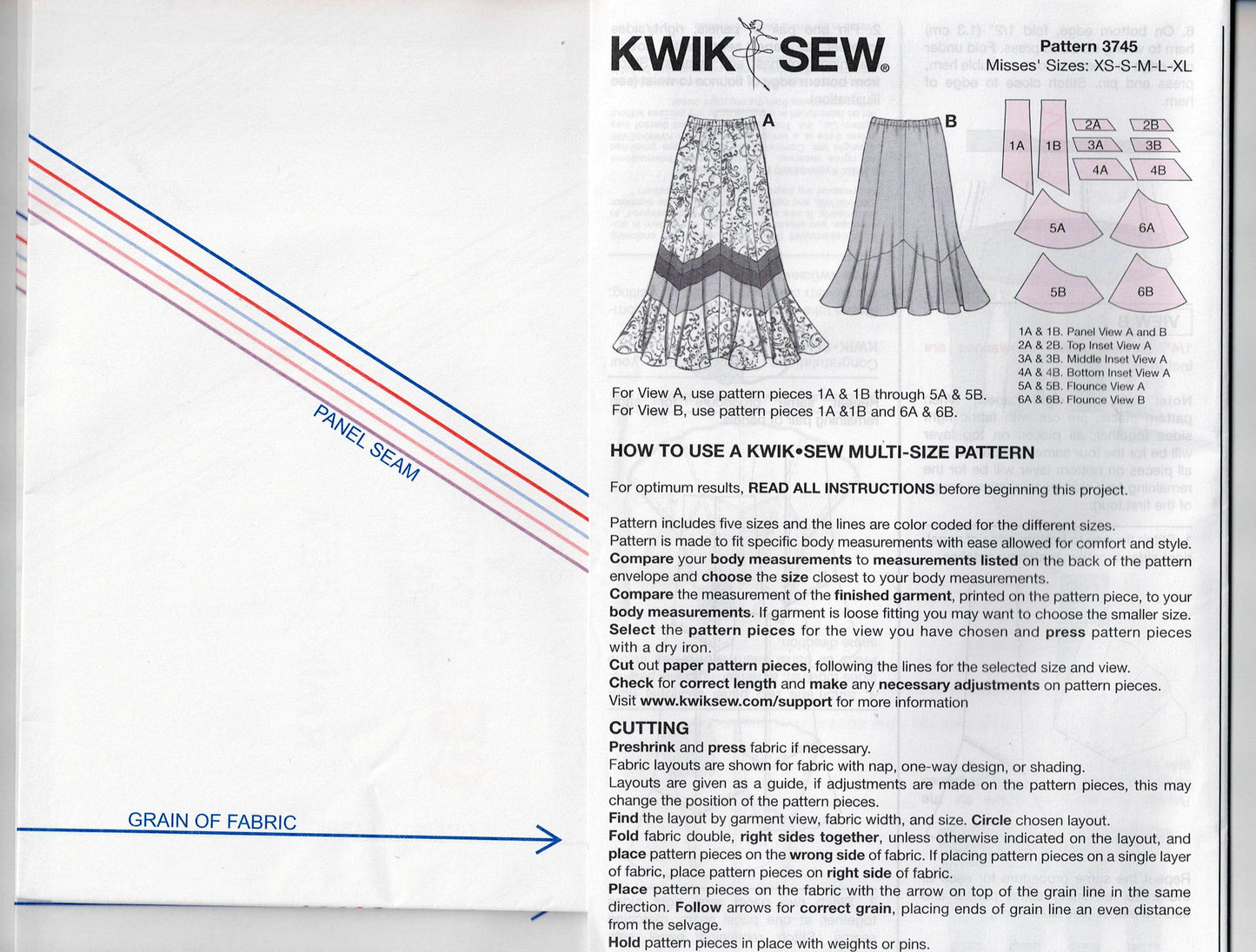 Kwik Sew 3745 Womens Panelled Color Block Skirts Out Of Print Sewing Pattern Size XS - XL UNCUT Factory Folded