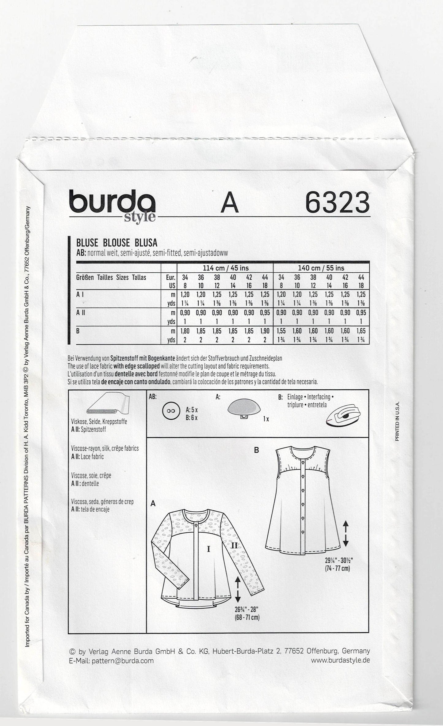 Burda 6323 Womens Yoked Tops Out Of Print Sewing Pattern Sizes 8 - 18 UNCUT Factory Folded