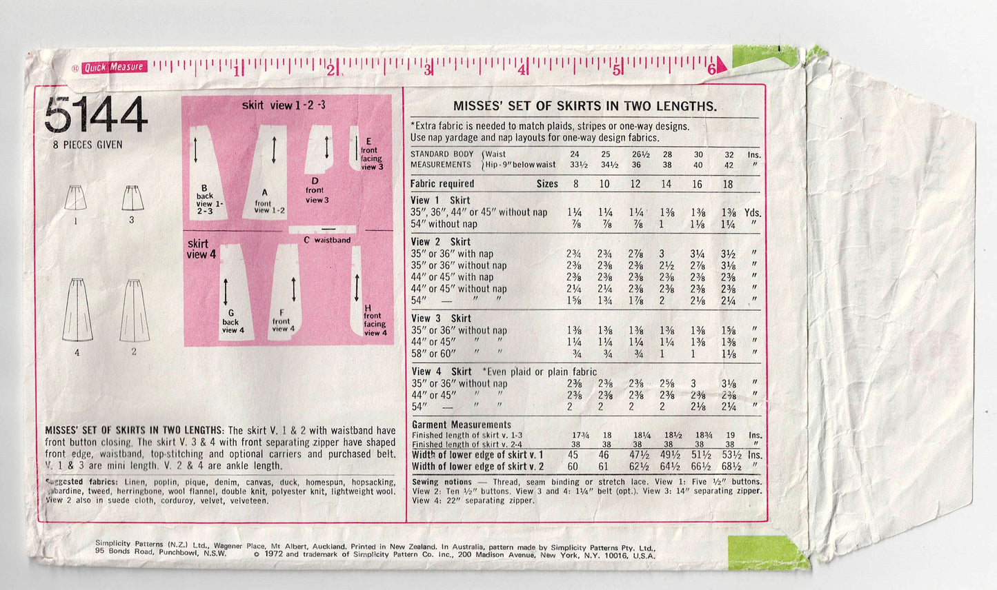 Simplicity 5144 Womens Set of Skirts in 2 Lengths 1970s Vintage Sewing Pattern Size 14 Waist 28 Inches