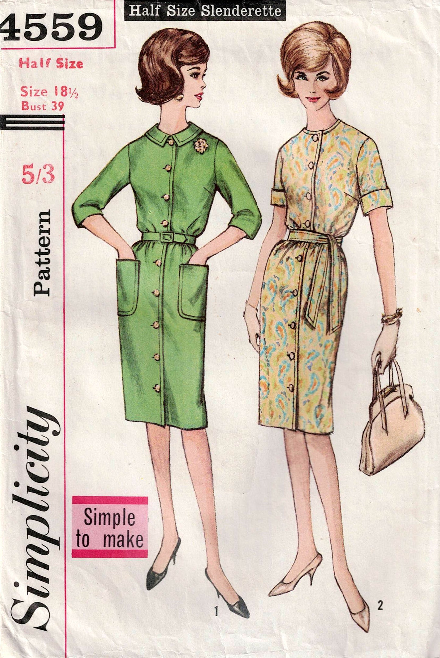 Simplicity 4559 Womens Half Size Shirtdress 1960s Vintage Sewing Pattern Size Bust 35 or 39 inches