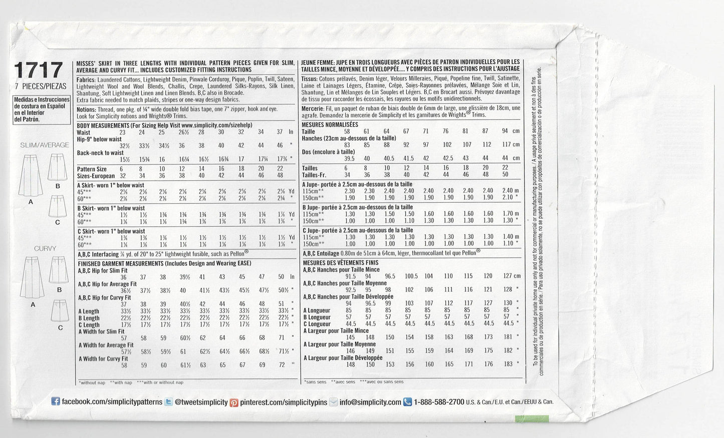 Simplicity 1717 Womens AMAZING FIT A Line Skirts Out Of Print Sewing Pattern Size 6 - 14 UNCUT Factory Folded
