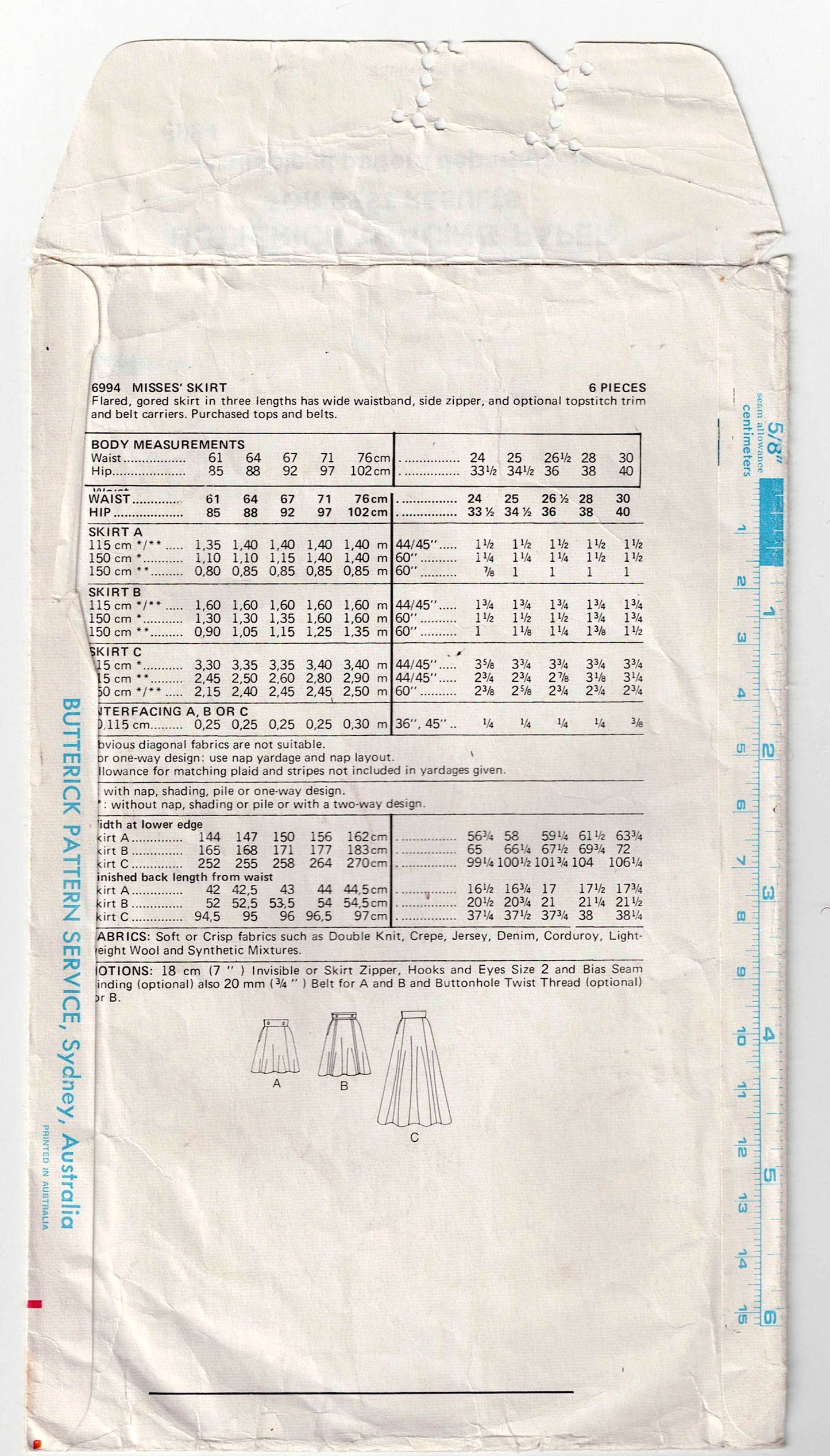 Butterick 6994 Womens Flared Gored Skirts with Wide Waistband 1970s Vintage Sewing Pattern Size 10 Waist 25 Inches