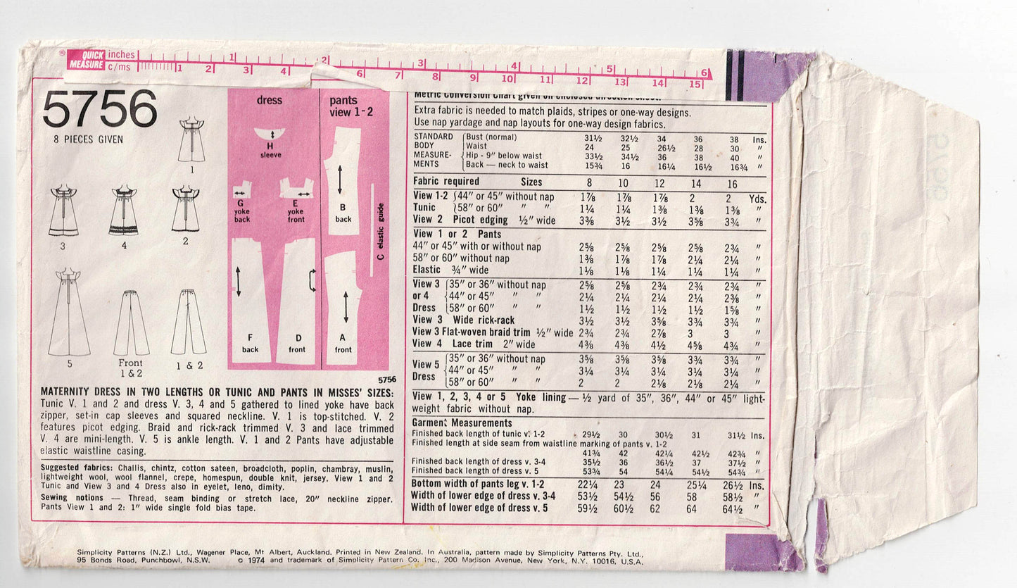 Simplicity 5756 Womens Retro Maternity Dress Tunic & Pants 1970s Vintage Sewing Pattern Size 10 Bust 32.5 inches