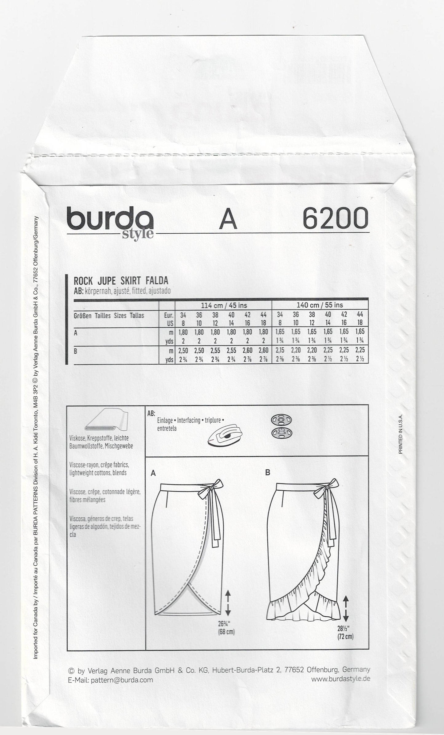 Burda 6200 Womens EASY Wrap Skirts Out Of Print Sewing Pattern Sizes 8 - 18 UNCUT Factory Folded