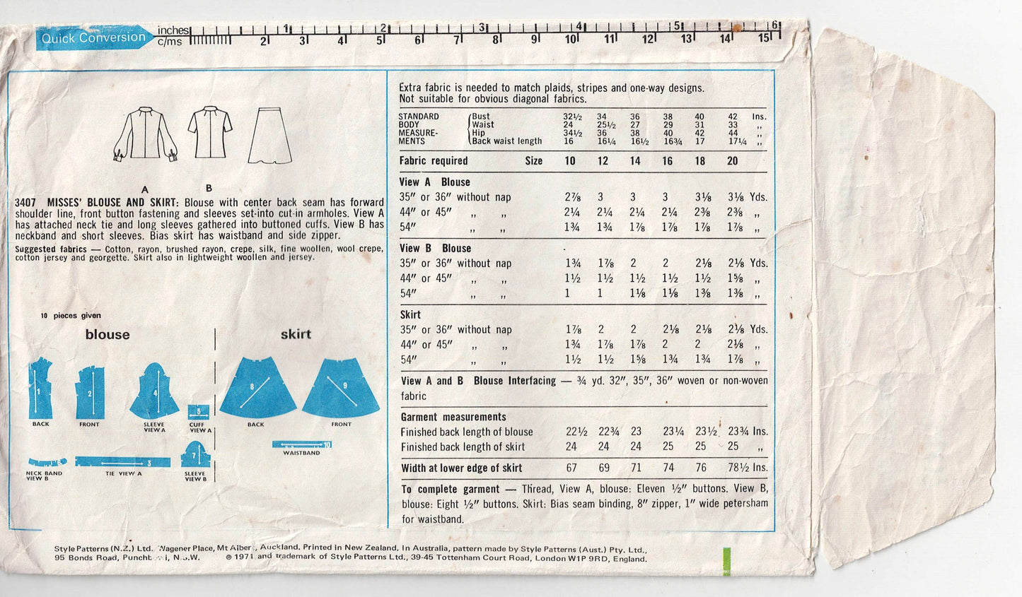 Style 3407 Womens High Neck Blouse & Skirt 1970s Vintage Sewing Pattern Size 14 Bust 36 inches