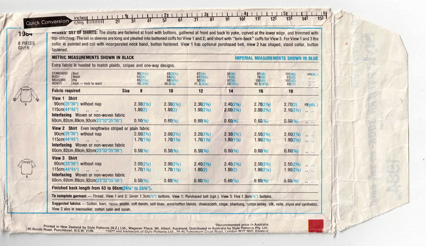 Style 1984 Womens Classic Shirts 1970s Vintage Sewing Pattern Size 16 Bust 38 Inches