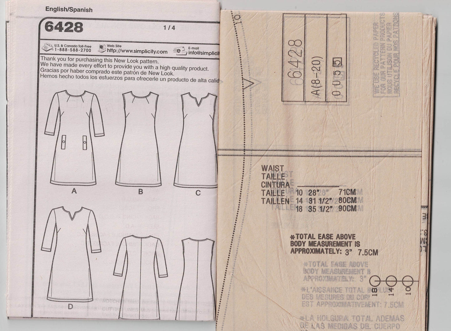 New Look 6428 Womens EASY Stretch Knit Shift Dresses Out Of Print Sewing Pattern Size 8 - 20 UNCUT Factory Folded