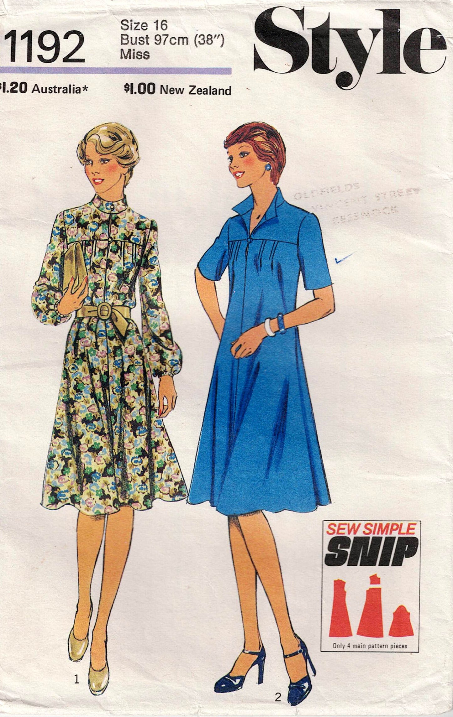 Style 1192 Womens Flared Dress with Yoke & Bodice Tucks 1970s Vintage Sewing Pattern Size 12 or 16