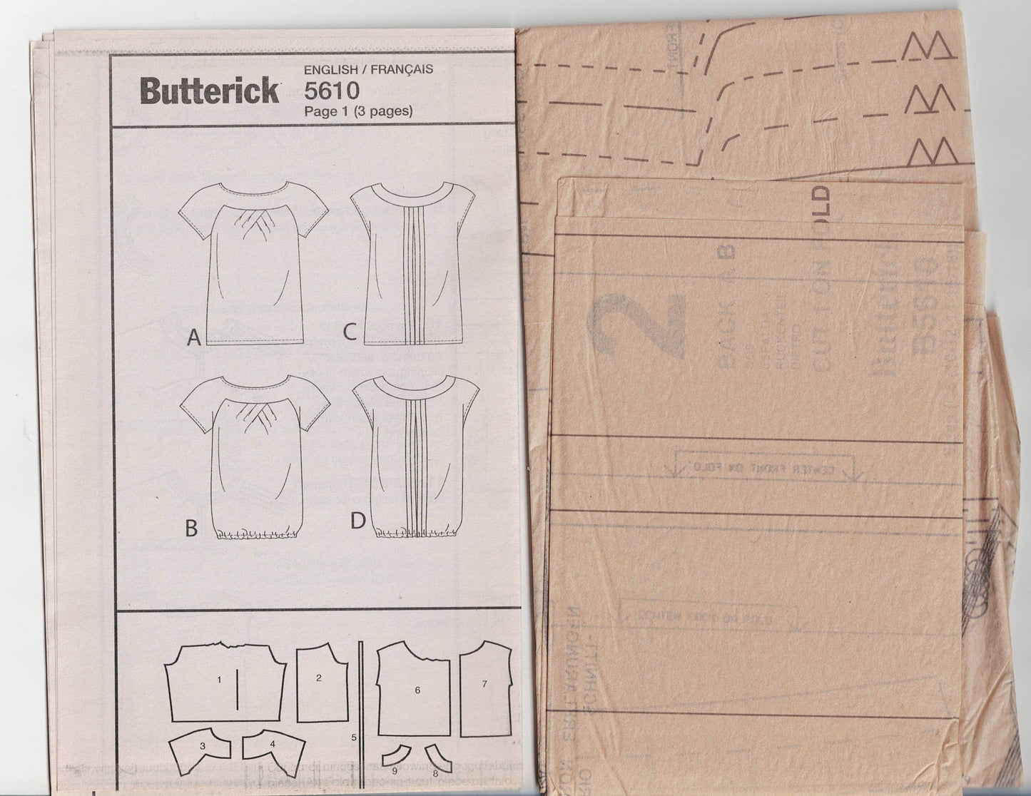 Butterick 5610 Womens Pullover Tops with Tucked Front Out Of Print Sewing Pattern Size 10 - 18 UNCUT Factory Folded